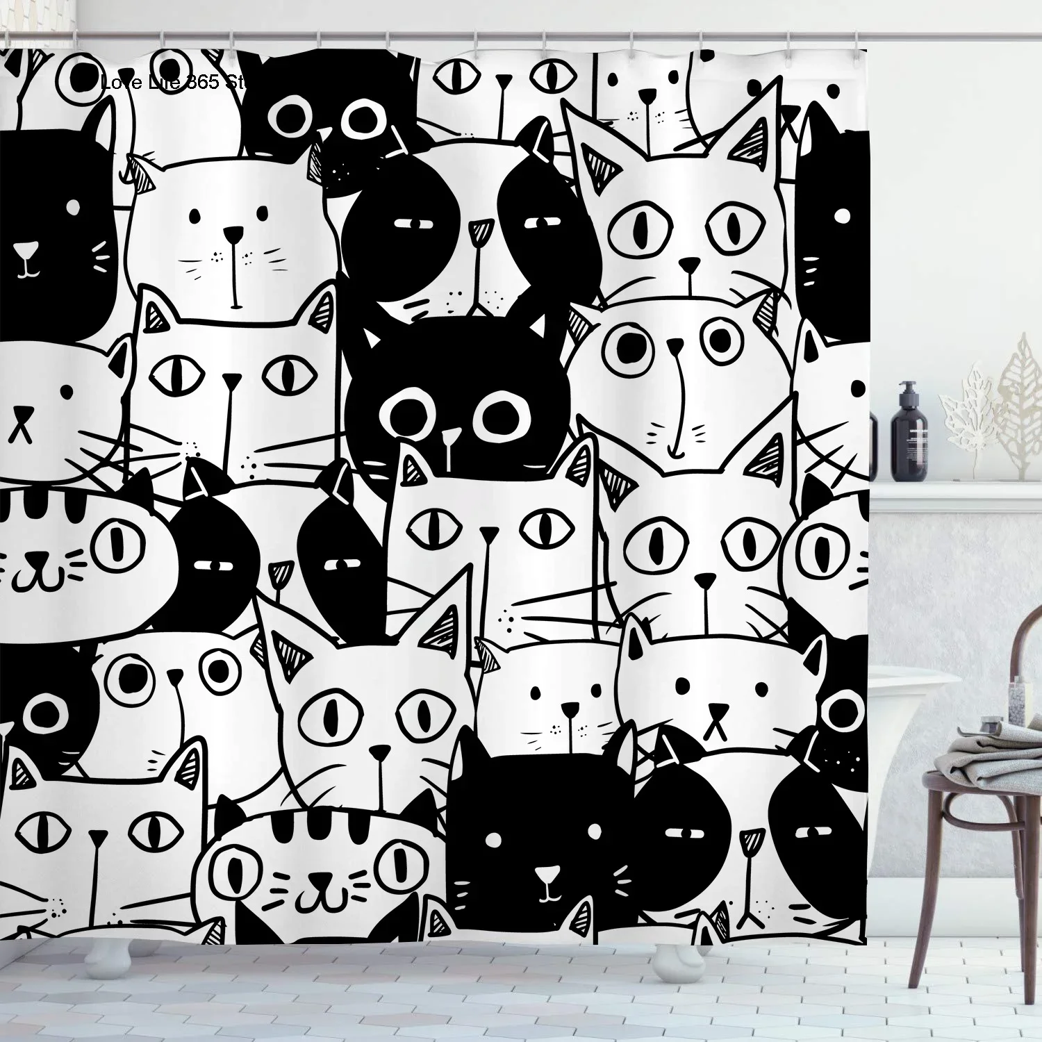 Cute Cartoon Line Drawing Cat Print Shower Curtain Waterproof Mildew Resistant Fabric With Plastic Hooks Easy Install For Bathro