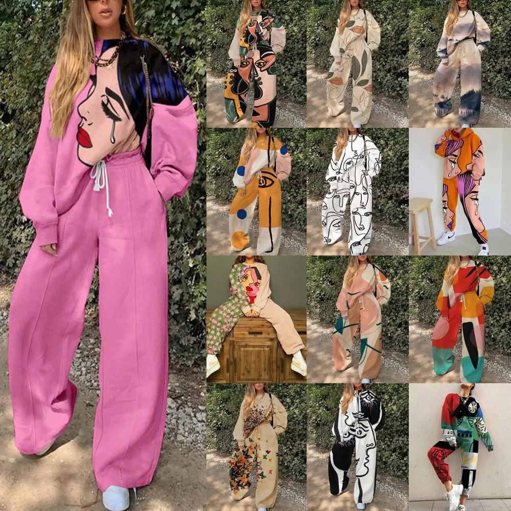 Women Print Wide Leg Pants Two Piece Set Casual Loose Long Sleeve Suit Y2k High Waist Trousers Female Sweatshirt Autumn Suits