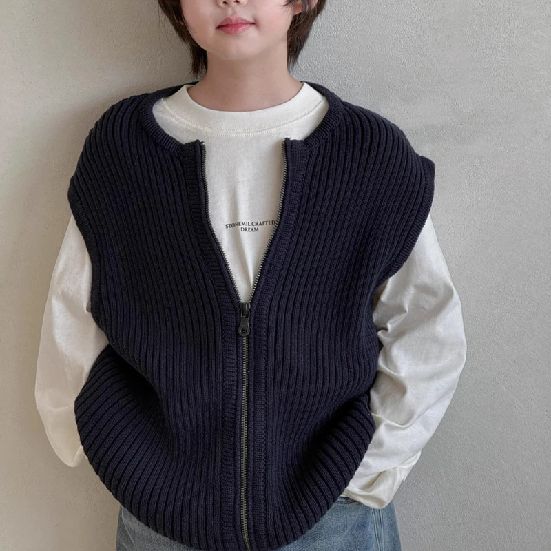

2025 New Autumn/Winter Children's Solid Color Thick Design Zipper Warm Sweater Vest