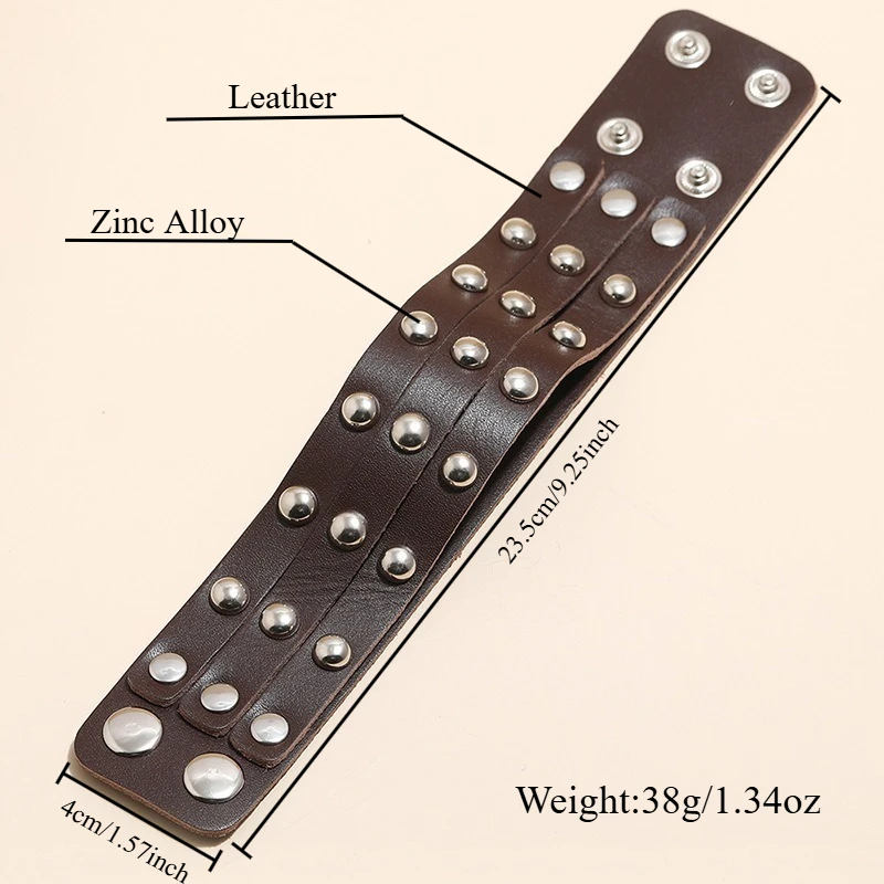 Men's Genuine Leather Cuff Punk Metal Rock Bracelets for Men Women, Metal Beads Bracelets Wristbands Adjustable Wrap