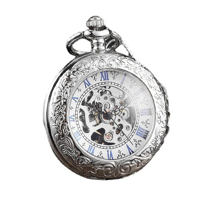 Reloj de bolsillo mecánico para hombre, cronógrafo clásico romano, transparente, hueco de doble cara, plateado, a la moda