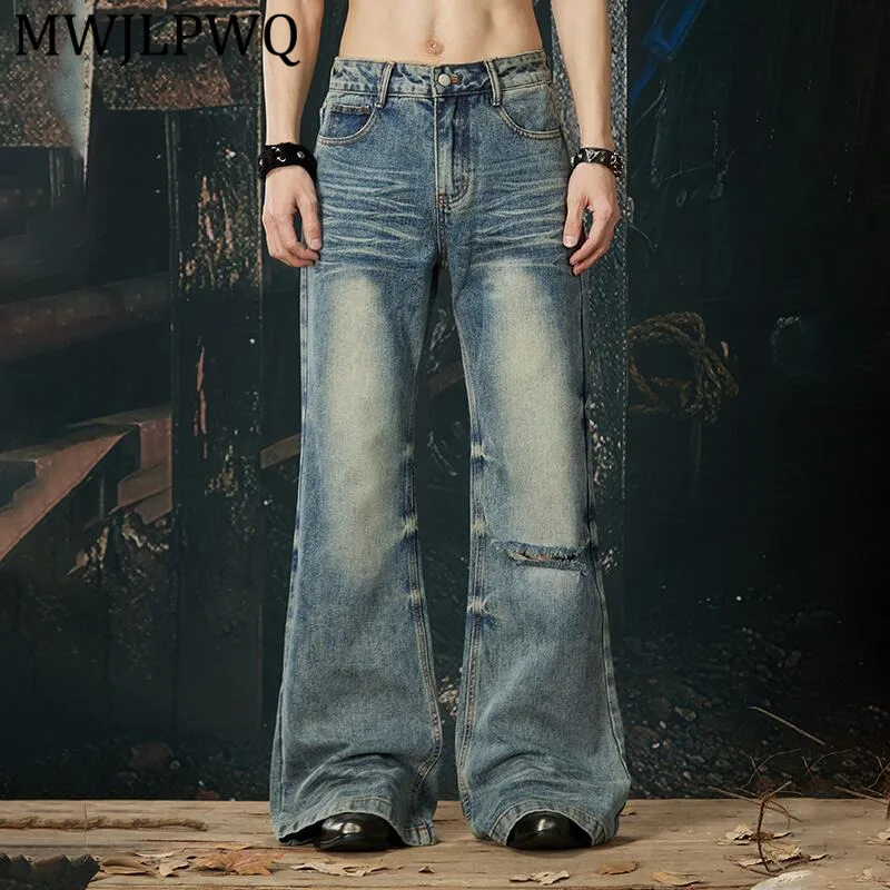 

MWJLPWQ Men's New Flared Washed Double-Knee Jeans High Street Hole Distressed Casual Slimming Denim Spring Autumn Trousers 13939