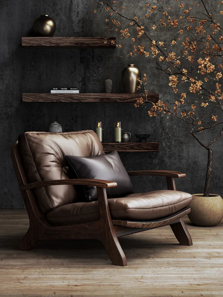 Factory Direct 2026 Top RatedMedieval solid wood leisure chair retro leather single sofa chair designer tea book  sitting sofa