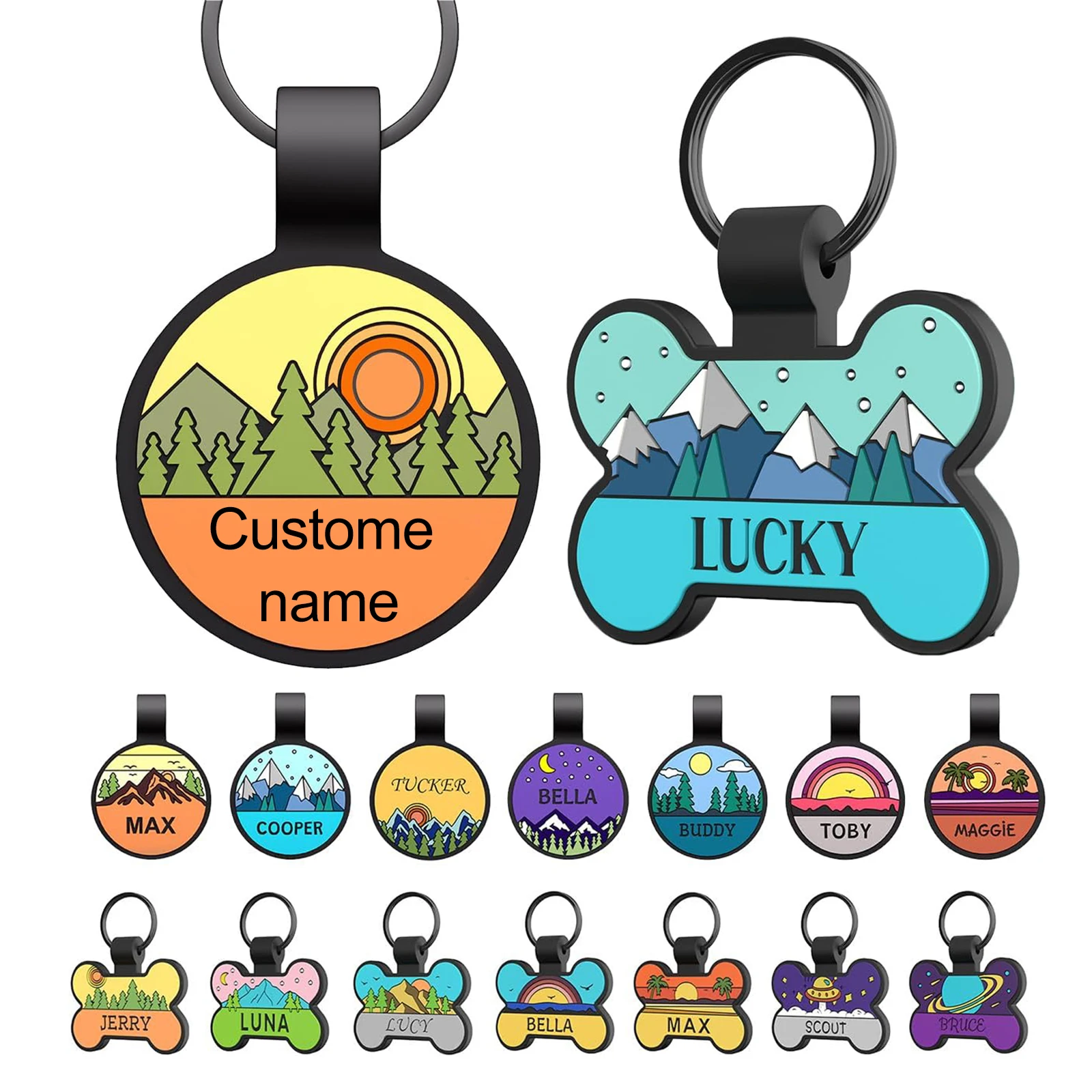 

Round/Bone Shape Pets Anti-lost Label Silicone Dog Cat Collar Tag Customized Name Keychain Personalized Pet ID Tags Keyring