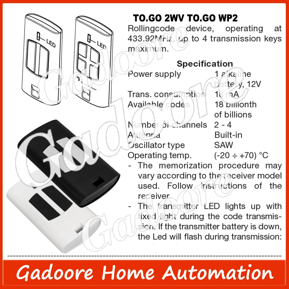 Gadoore TO.GO 2WV 2WP Garage Door Remote TO.GO 2WV TO.GO 2WP 433MHz Compatible with Beninca TO.GO 2WV 4WV TO.GO 2WP 4WP