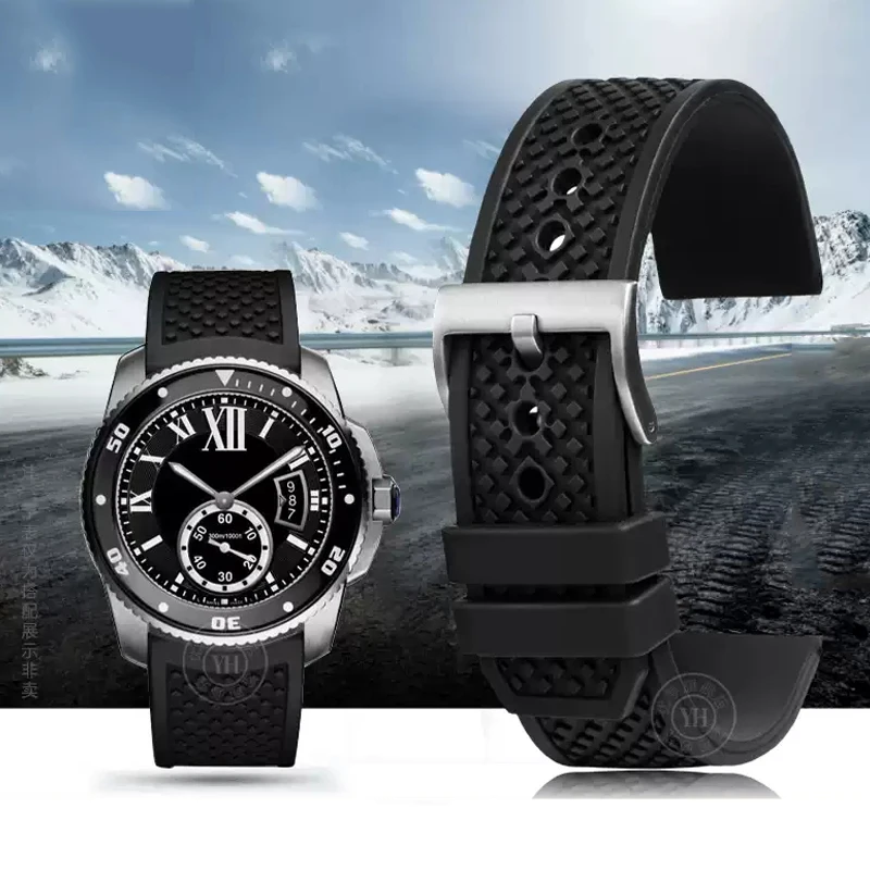 Men's Large Fluororubber Watch Strap For Cartier Calibre W7100055/WGCA0010 Rubber Watchband 23mm 24mm Waterproof Dustproof Belt