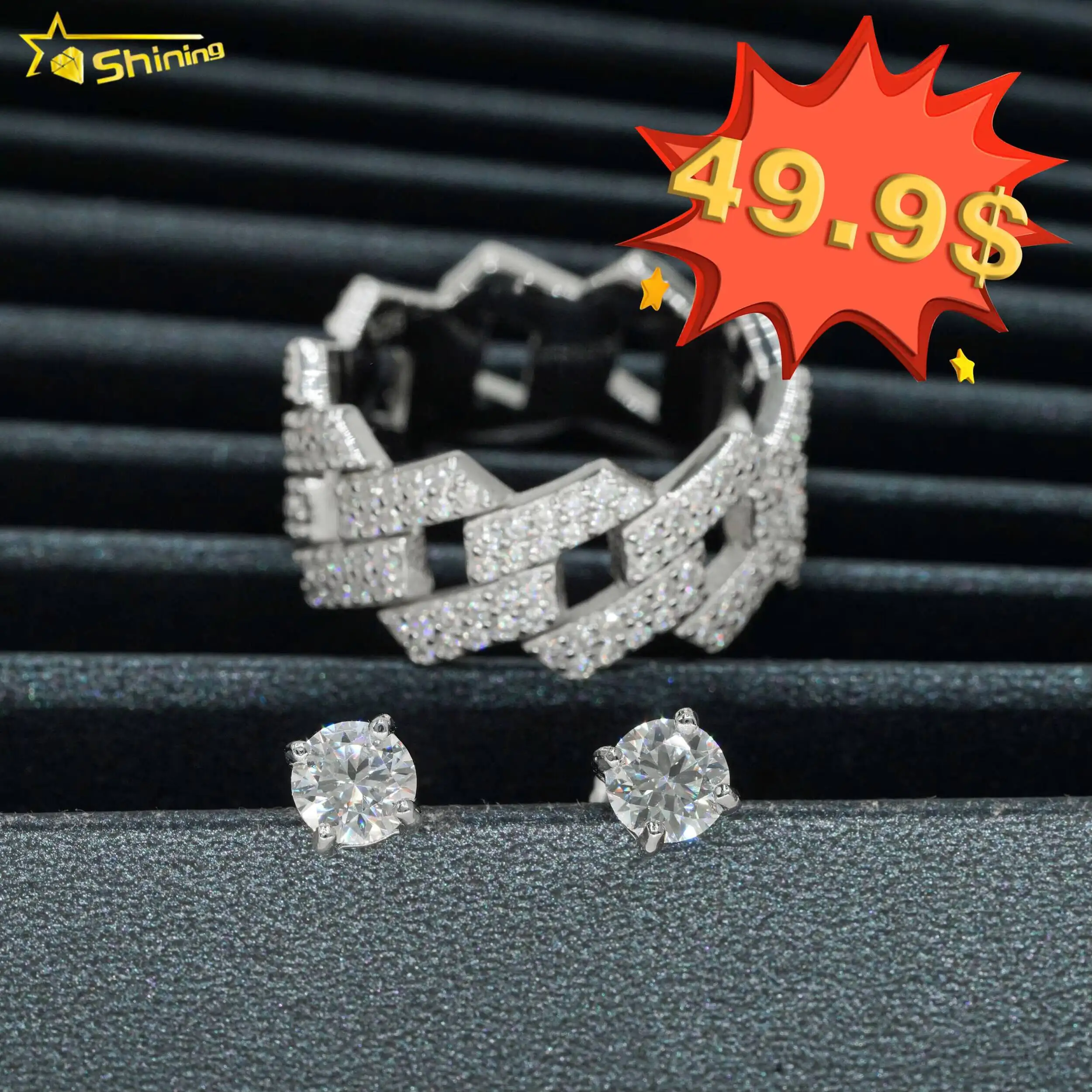 Shining Jewelry Iced Out Hip Hop Cuban Ring Gold Plated 925 Silver VVS Moissanite Diamond Ring Earring Jewelry Set for Men