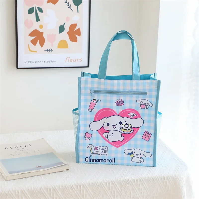 MINISO Kawaii Sanrios Hello Kitty My Melody Kuromi Cute Tote Bento Bag Cartoon Student Book Organizer Double Zipper Lunchbox Bag