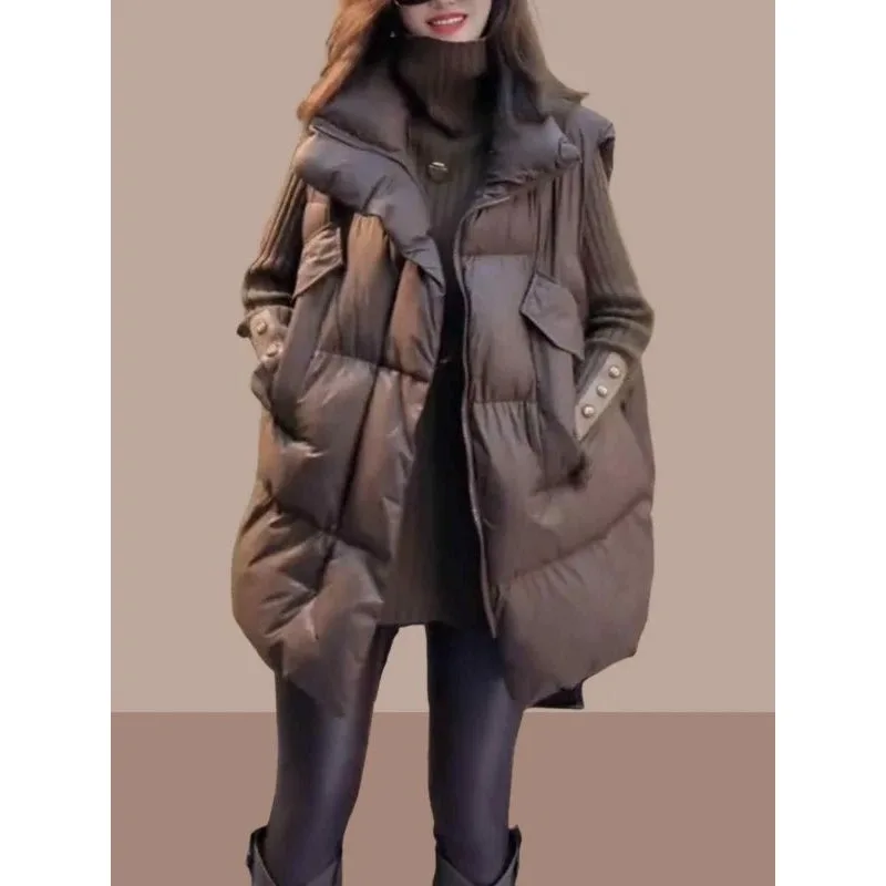 

200-pound European Station Loose Stand-up Collar Warm Down Cotton Vest for Autumn and Winter Mid-length Loose Waistcoat Fashion