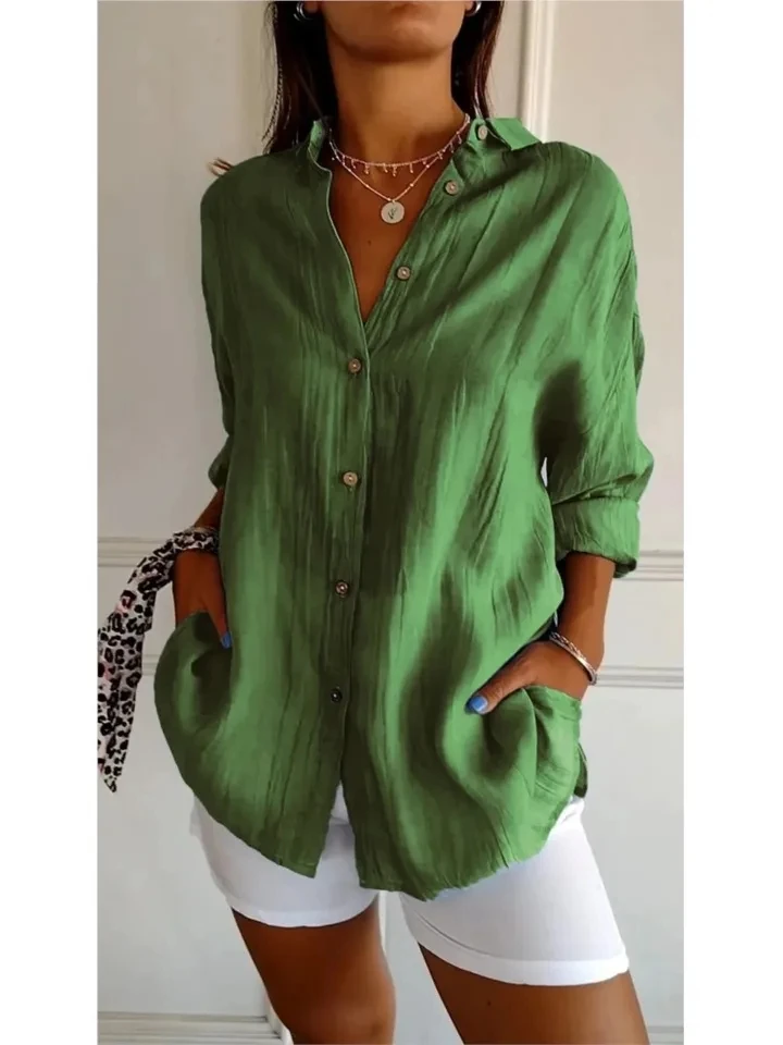 

Модная женская рубашка синего цвета с одним рядом пуговиц и отворотами на рукавах, с длинными рукавами, для офиса, весна-лето, повседневная, с отворачивающимися рукавами