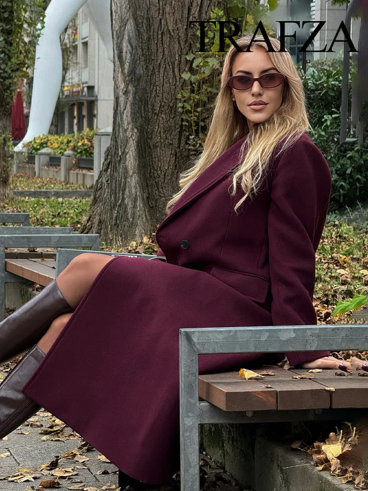 TRAFZA Vrouwen Elegante Turn-Down Kraag Lange Mouwen Zakken Double Breasted Jas Vrouw Herfst Winter Casual Wollen Lange Jas