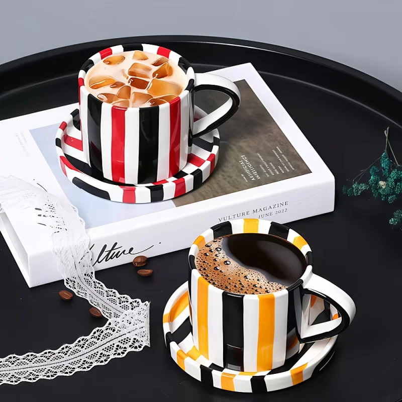 1 Pcs Colorful Coffee Cup And Saucer Set Vintage Stripes Ceramics Drinkware Office Afternoon Tea Cappuccino Drinking Glass 260ml