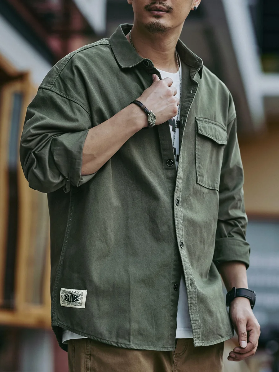 Retro American Workwear Shirt Men's Loose Casual Long Sleeve Cotton Spring Autumn New Style Pure Cotton Jacket for Teens
