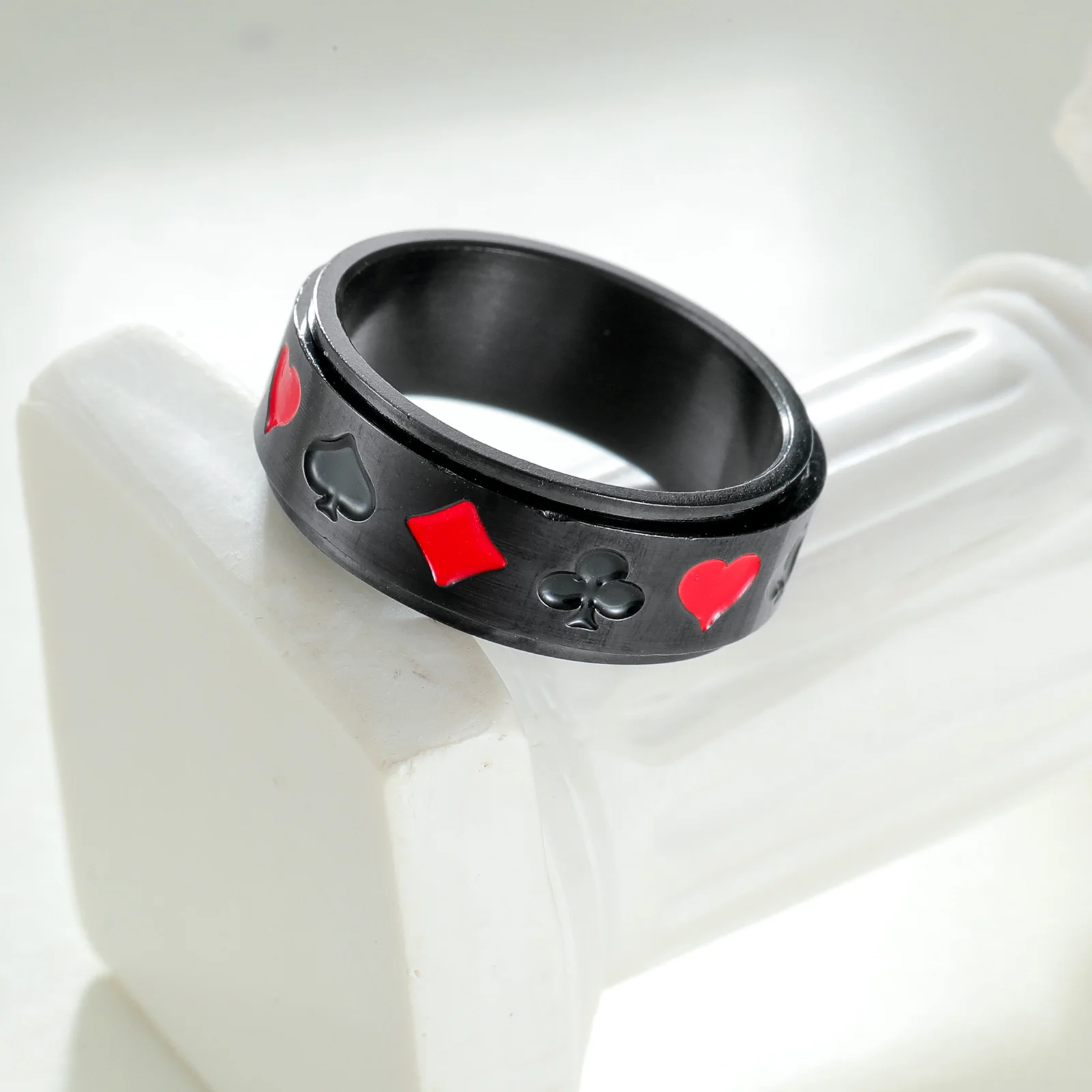 8mm Black Stainless Steel Rotatable Ring for Men Punk Vintage Lucky Playing Card Poker Mens Accessories #4