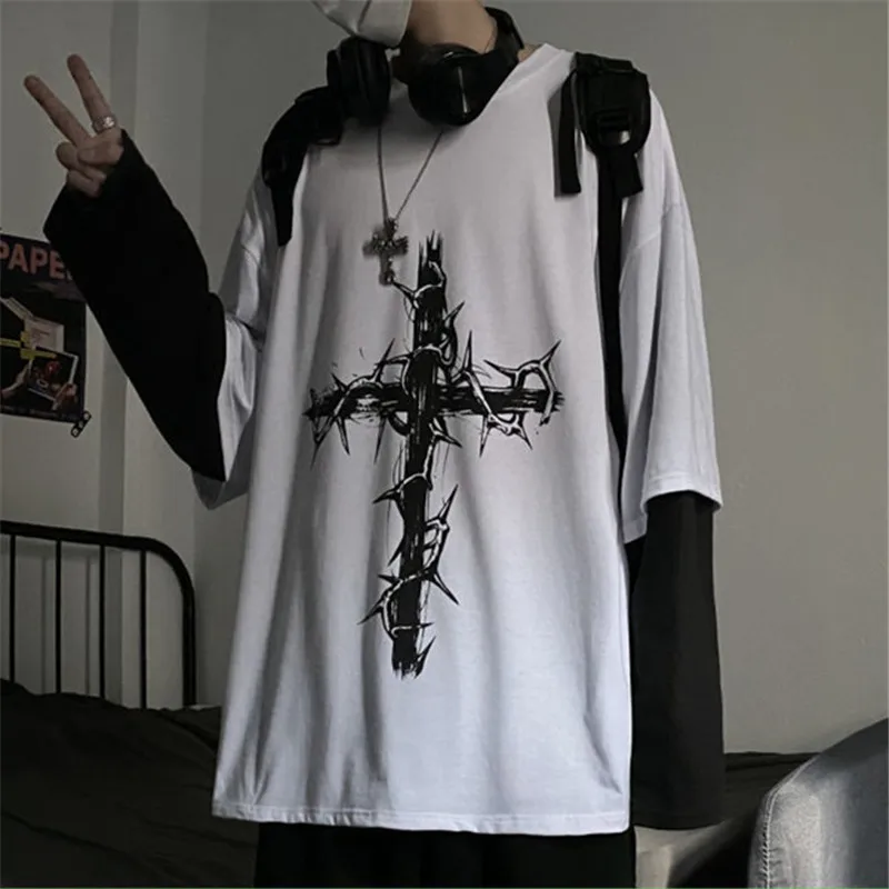 Gaono Gothic T-shirt Cross of Thorns Fake Two-piece Men Women Long Sleeve Dark Hip Hop Loose Autumn New Trend Tops T Shirt