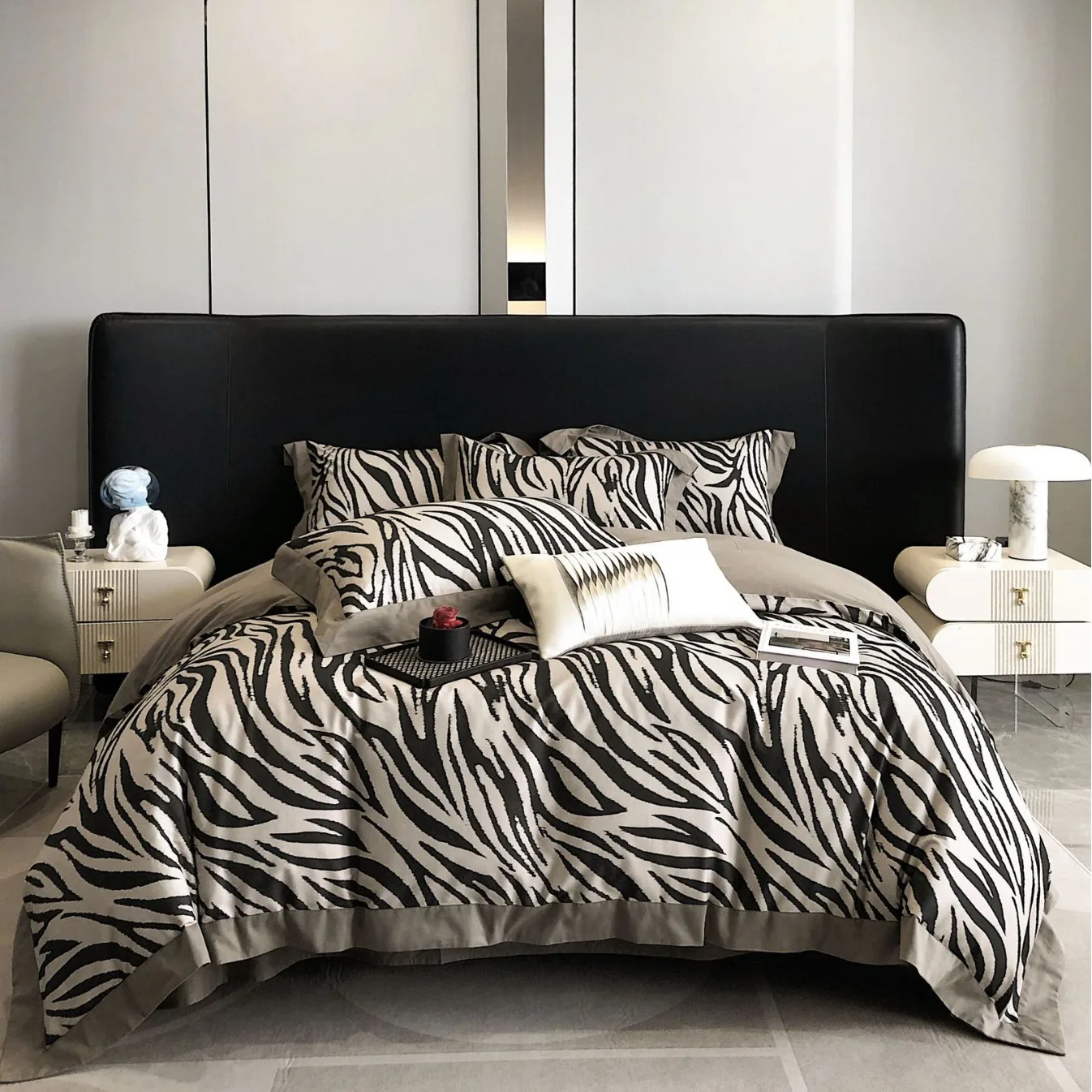 Light Luxury Retro Zebra Pattern Brushed Bed 4pcs Set100S Long-staple Cotton Satin Duvet Cover Flat/Fitted Bed Sheet Pillowcases