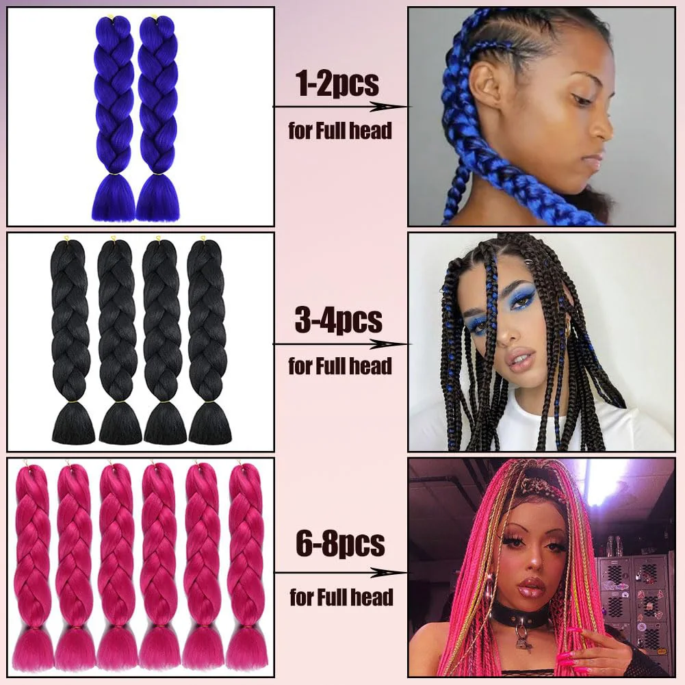 Ekstensi Rambut Kepang Jumbo 24 Inch Hitam, 3 Paket Rambut Kepang Crochet Twist Sintetis