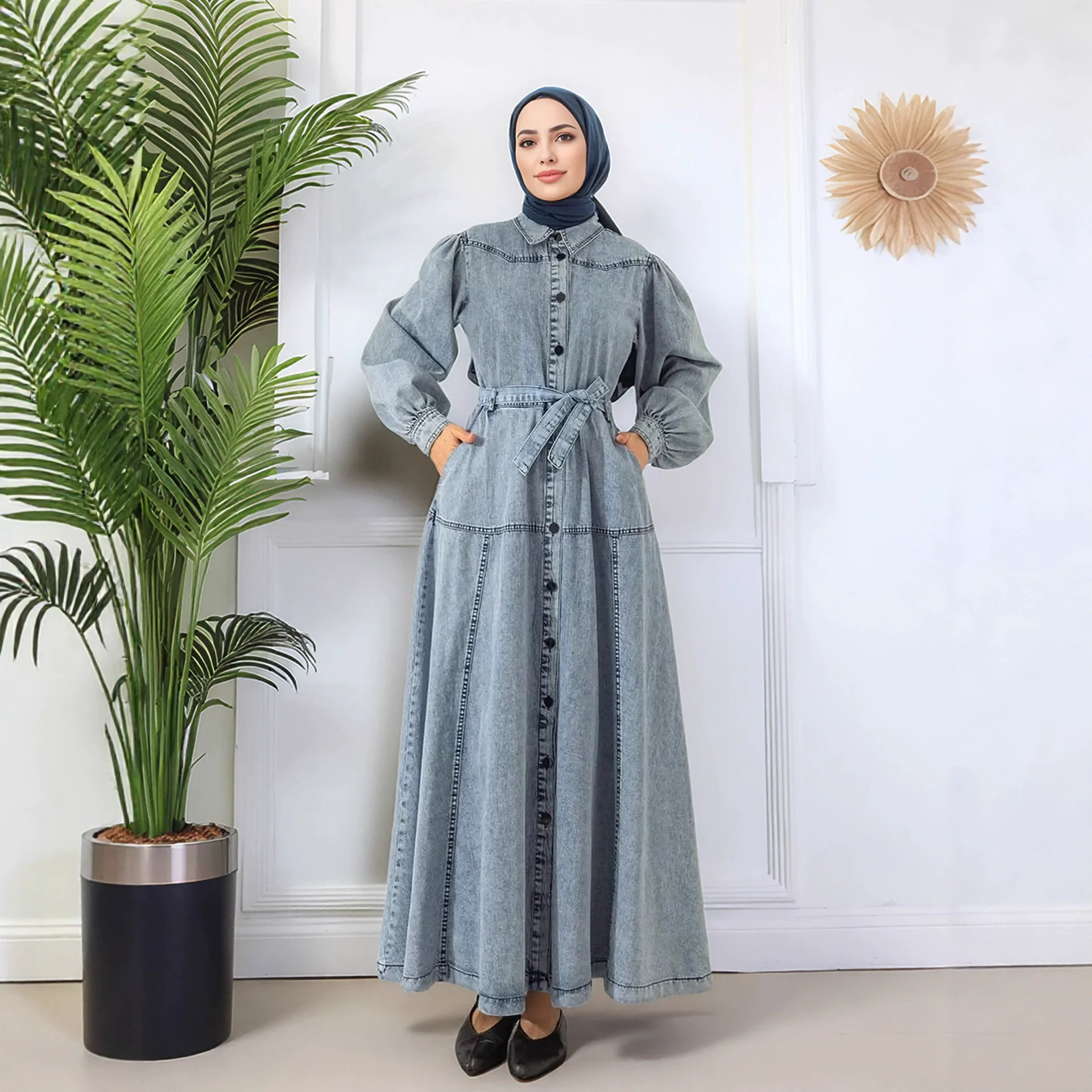Ramadan Médio Oriente Islâmico Arábia Saudita vestido jeans feminino muçulmano vestido de moda de luxo solto casual lanterna manga vestido jeans