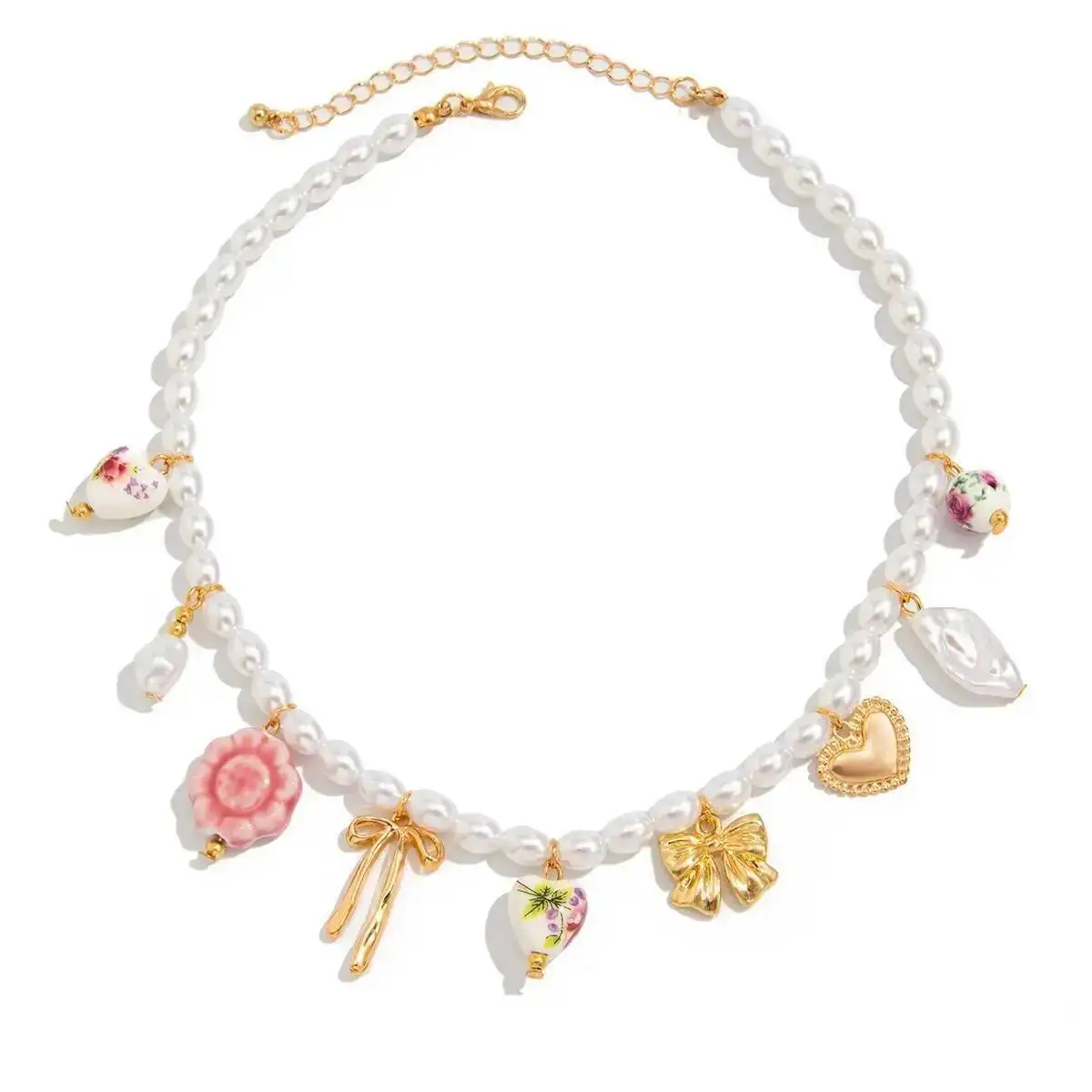 

SHIXIN Elegant Imitation Pearl Short Choker Necklace Women Simple Ceramic Beads Flower Love Heart Pendant Necklace Y2K Jewelry
