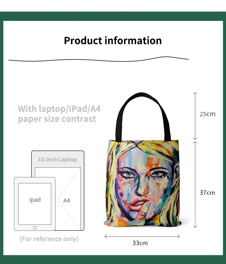 Borsa per la spesa a tracolla grande in tela di moda borsa Gocery Eco pittura a olio faccia da donna tracolla nera Street Style Tote