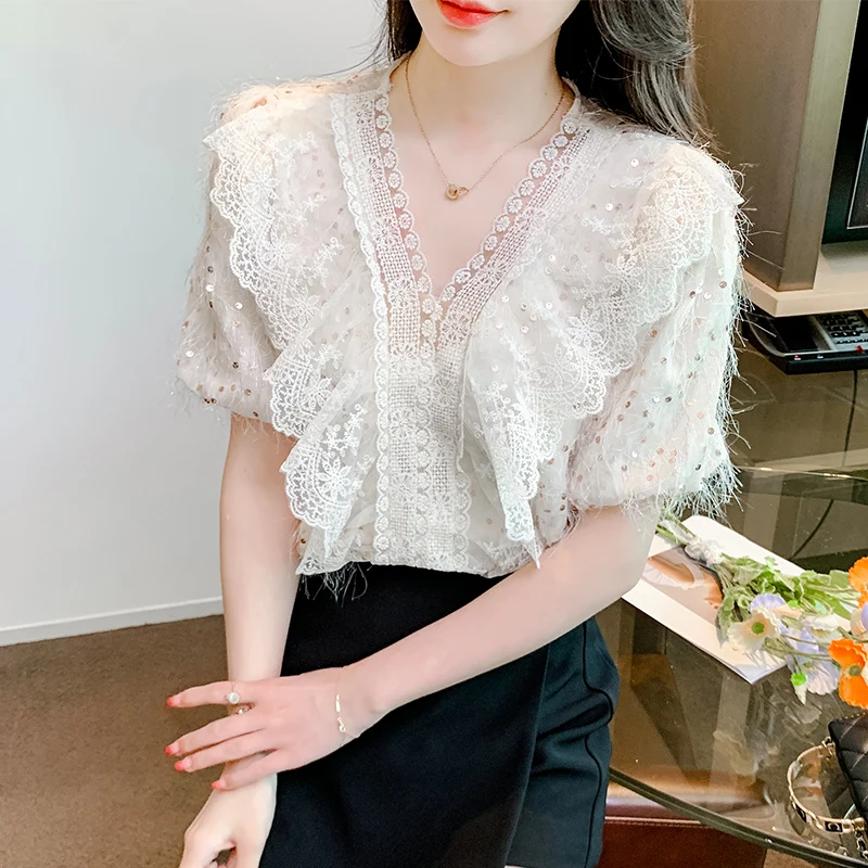 Women Elegant Ruffles Lace Sequins Sweet Chic Blouses 2024 Summer Female Fashion Sexy V Neck Short Sleeve Solid Slim Fairy Tops