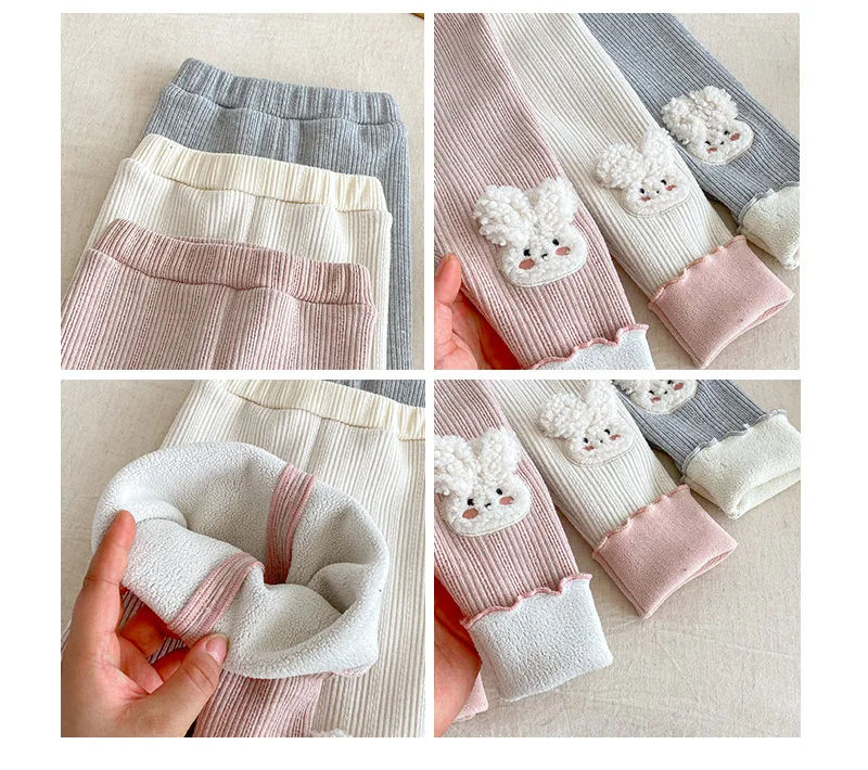 0–5 Jahre Kinder-Mädchen-Leggings, Kleidung, 2026, Frühling, mit Fleece gefüttert, niedliches Kaninchen, bestickt, warme lange Hose, weiche, dehnbare Hose – Detail 3