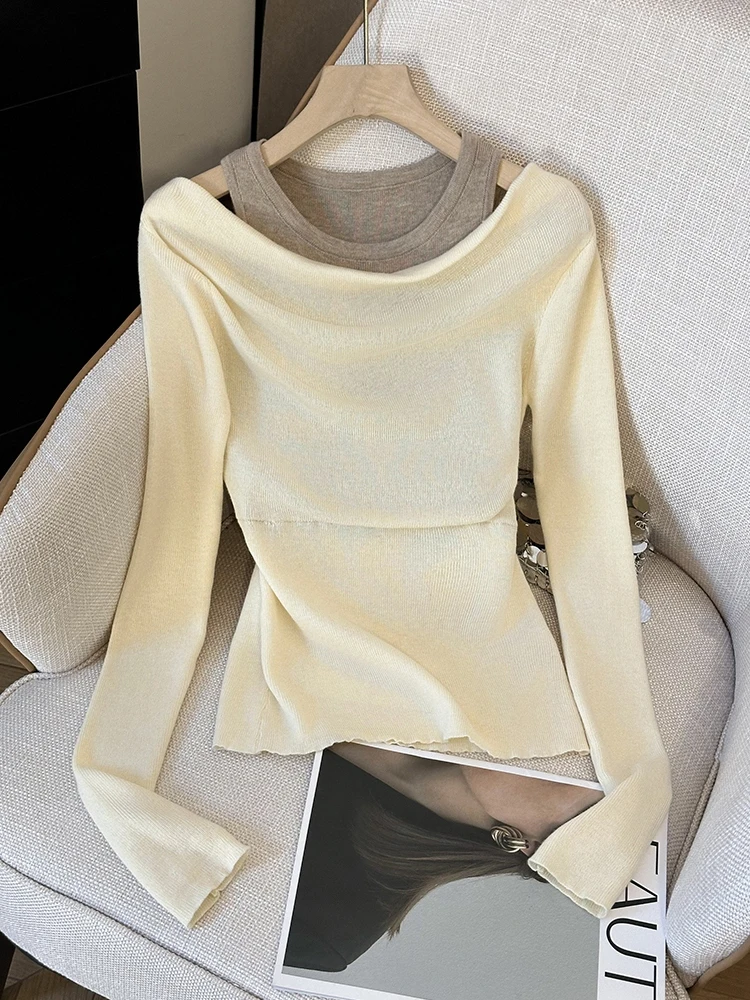 

Ele oulder-Bared Knitwear Slim Fit ex Early Spring High-End Feelings Faionable Design Unique Sle Long Sve Cr...