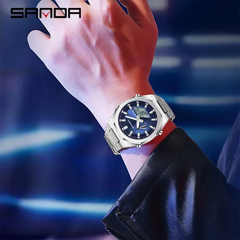 SANDA Luxury Man Electronic Watch Dual Display Countdown Alarm Clock Waterproof Watch Stainless Steel Quartz Male Sport Watch