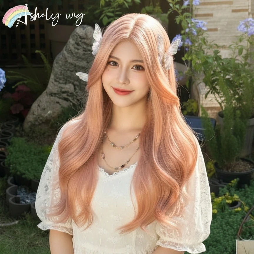 Ashely ساكورا الوردي شعر مستعار الباستيل 26 بوصة شعر مستعار طويل مموج للنساء لوليتا ارتفاع درجة الحرارة الألياف بيروكات صناعية للاستخدام اليومي