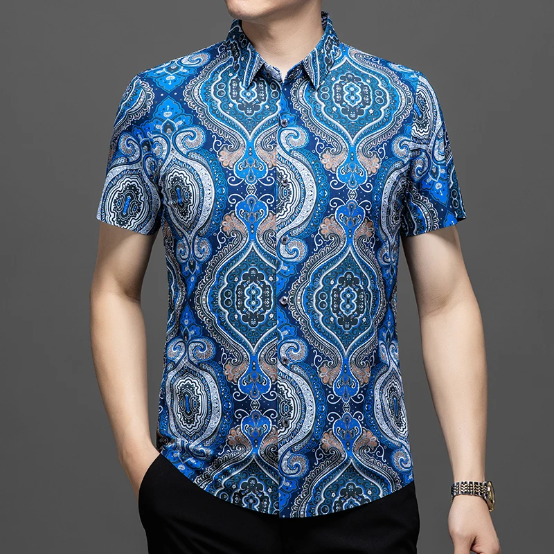 High Qualily  Fashion Pattern Men's Seamless Shirts 2024 Summer Printing Clothes Short Sleeve Anti- Wrikle Smooth Dresses