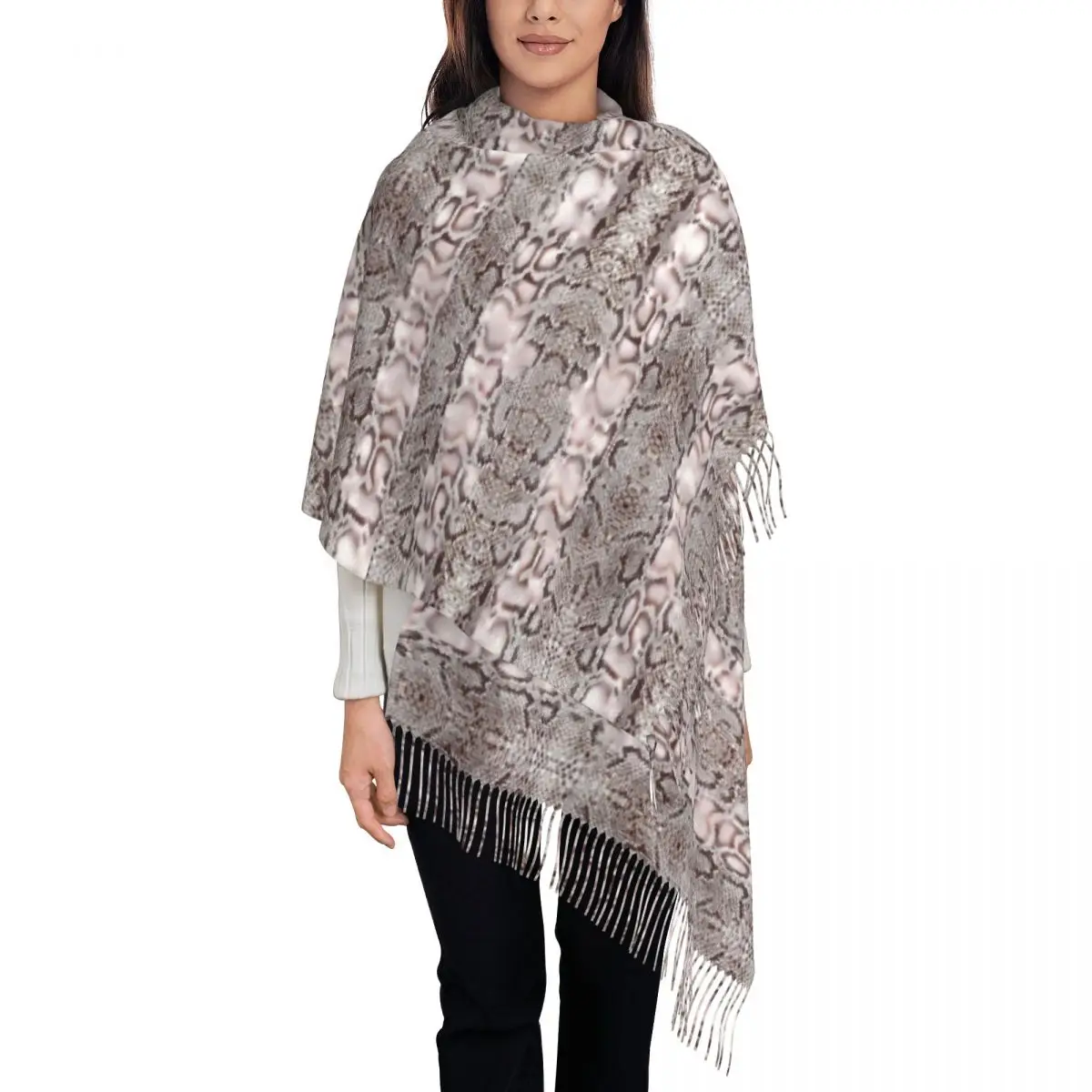 Snakeskin Print Scarf Ladies White And Brown Large Scarves with Tassel Autumn Popular Shawls Wrpas Warm Soft Designer Bandana