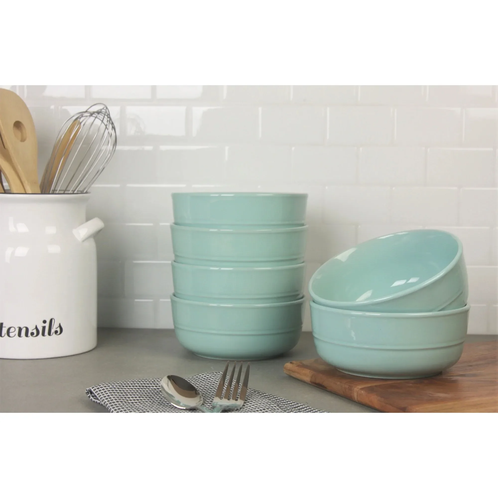 ชุดชามซีเรียลทรงกลมขนาด 6.25 นิ้ว 24 ออนซ์ ลายเส้นคู่ 6 ใบ สีเขียวซีโฟม - ชามอาหารเช้าและของว่างทันสมัยสำหรับครอบครัว ร้านอาหาร