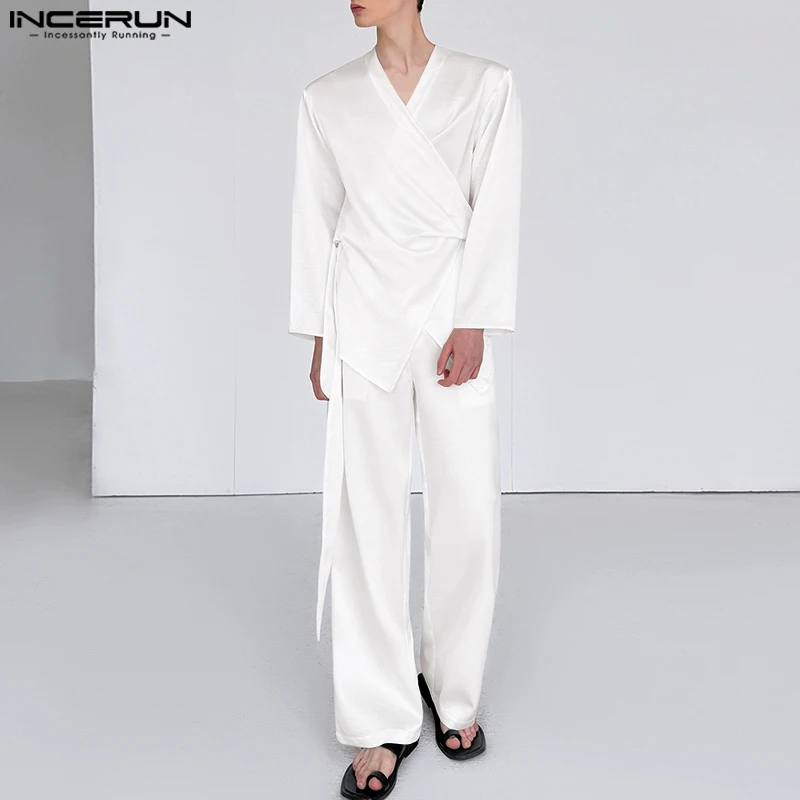 

INCERUN Men Sets Solid Color Long Sleeve Irregular Shirt & Pants Two Pieces Sets Loose Streetwear 2025 Fashion Men Casual Suits