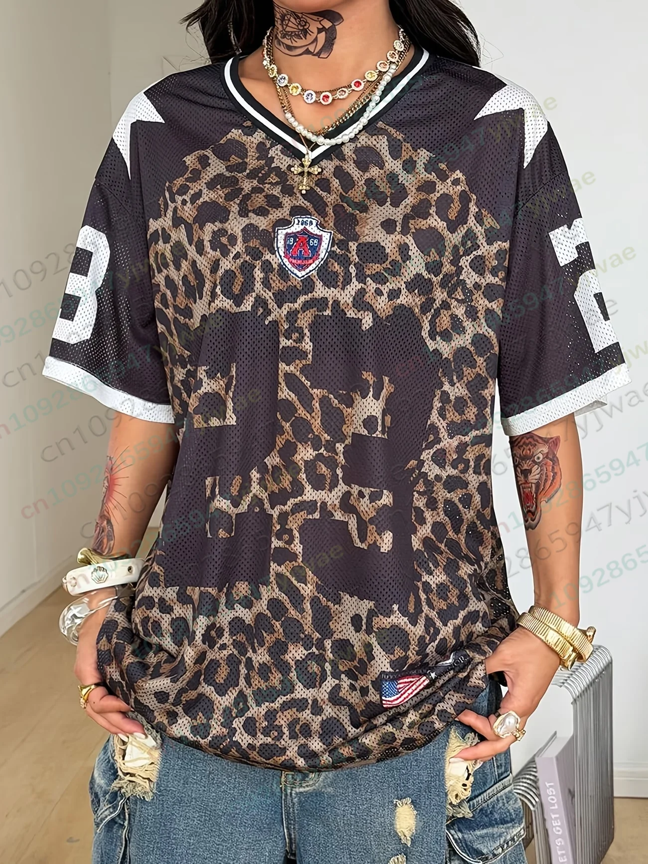 Summer Women Streetwear Casual Oversized Leopard Vintage Y2K Athleisure Sport NO.23 Printed Baseball Jersey Mesh T-Shirt