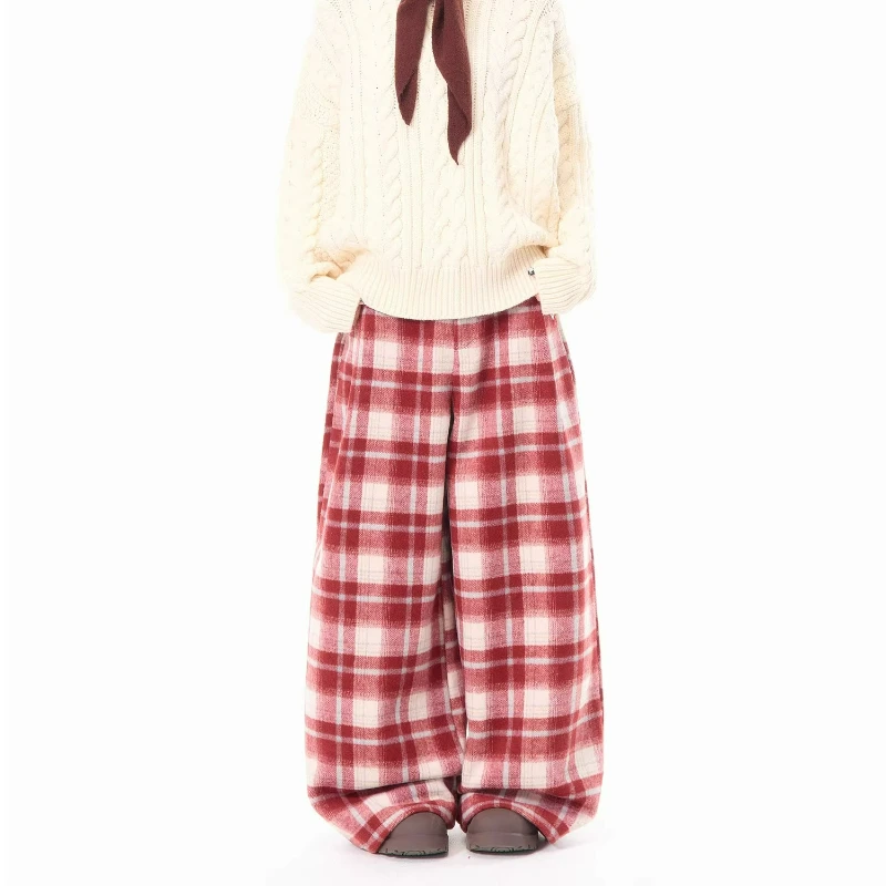 Amerikanische Retro-Design Rot Plaid frauen Casual Hosen 2025, Winter Neue Lose Dünne Vielseitig Warm Halten Breite bein Hosen Damen