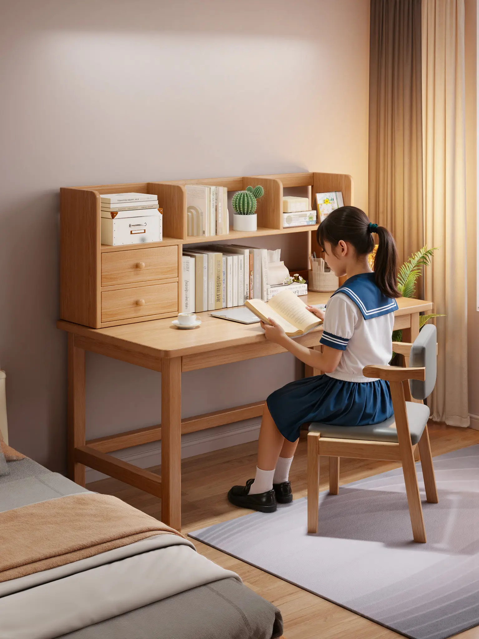 Desk Student Home Study Table, Writing Table, Bedroom Simple Bookshelf Integrated Table, Workbench Computer Table