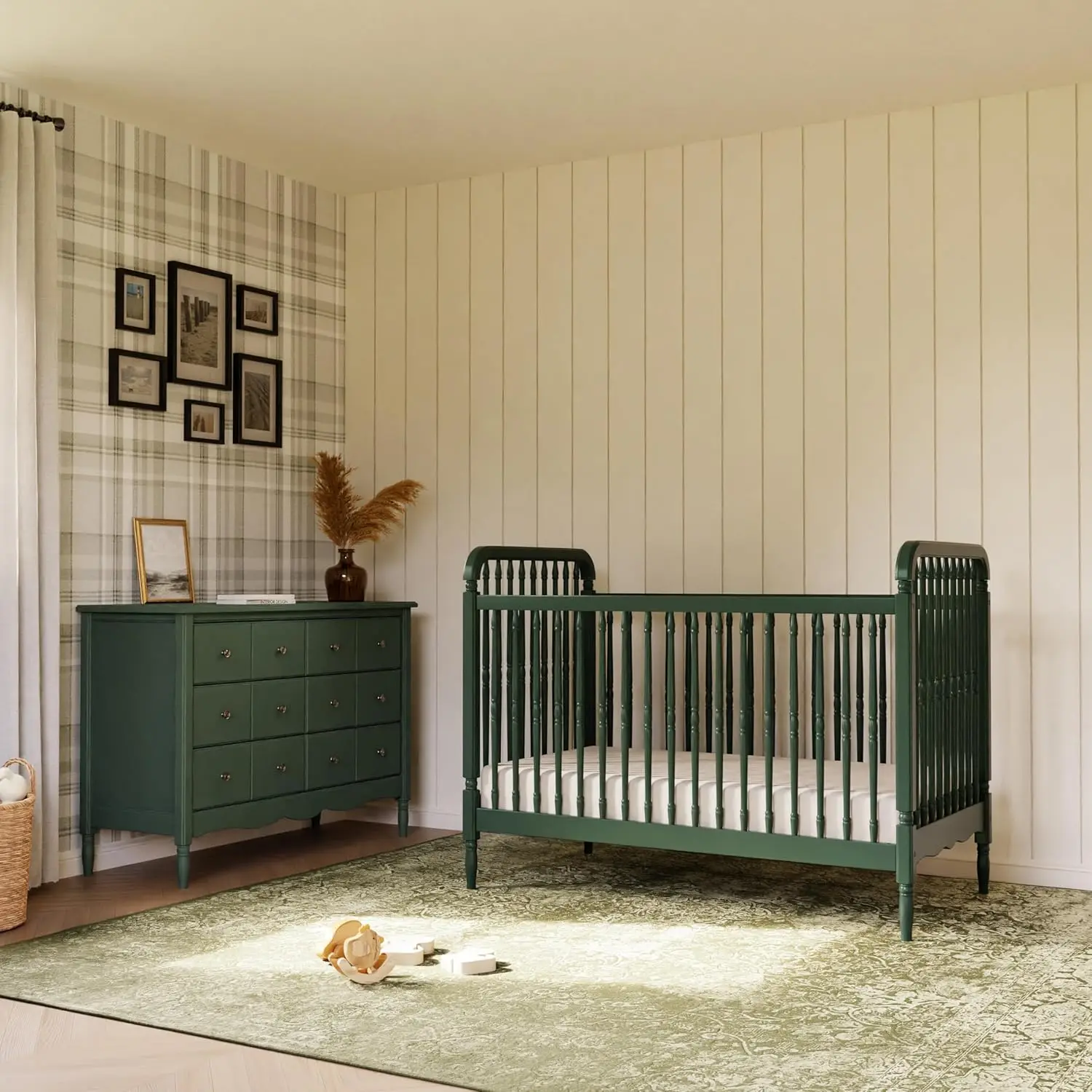 Namesake Liberty 3-in-1 Convertible Spindle Crib with Toddler Bed Conversion Kit in Forest Green Greenguard Gold Certified