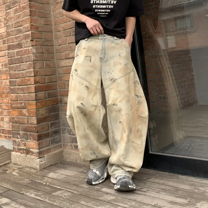 High-end American yellow mud-dyed dirty-dyed graffiti scimitar pants men's loose jeans men and women's street wide-leg pants