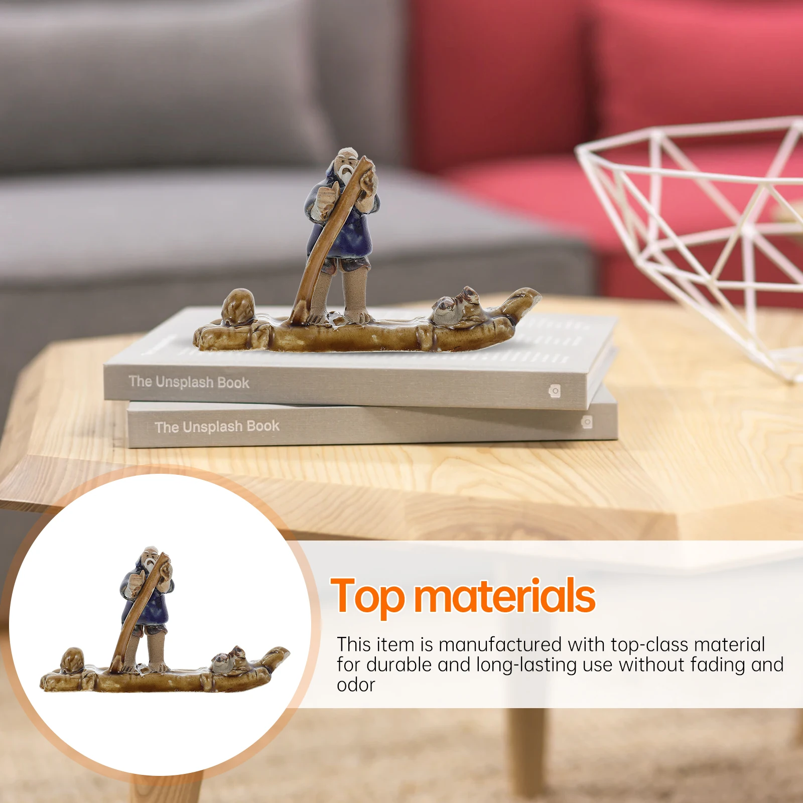 

Artificial Bamboo Raft Landscaping Ornament Ceramic Man Statue for Fish Tank Decor Aquarium Pond Boat Sculpture Nature Inspired