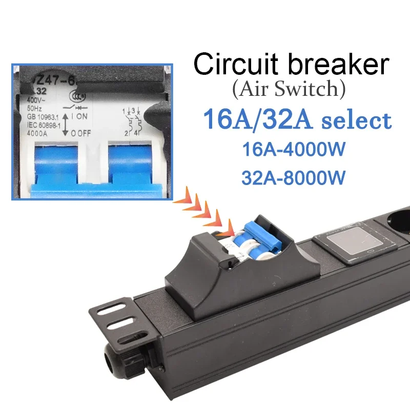 Imagem -02 - Distribuição de Tiras de Potência Pdu Interruptor de ar 28 Way 3pin Tomada Eua Ampère Volt Watt Medidor de Display Digital 16 a 32a Unidade de