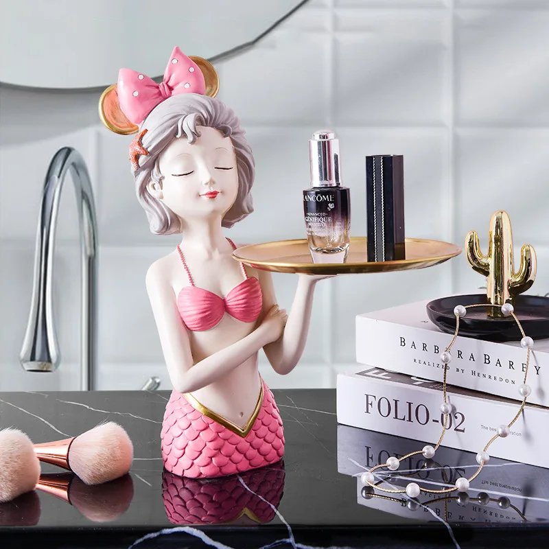 Mermaid Statue Housekeeper with Storage Table Resin Decoration Tray Mermaid Girl Decorative Sculpture Craft Gifts Home Decor