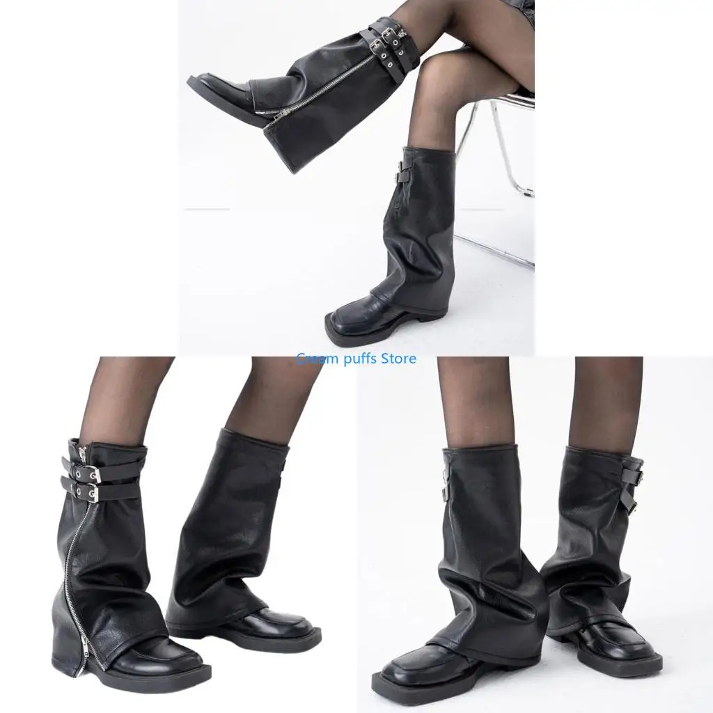 

50LE Y2K Harajuku Punk PU Leather Leg Warmer Sleeves Eyelet Strap Zippered Leg Cover