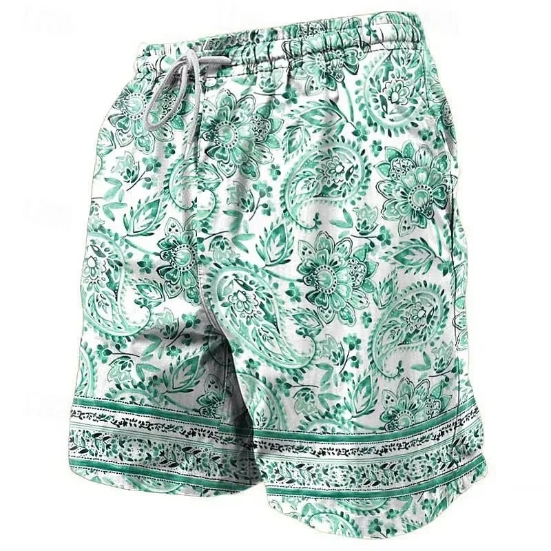 2026 Men Summer Beach Shorts Vintage Paisley Flower Pattern Drawstring Lightweight Breathable Outdoor Surfing Swim Trunks Kids