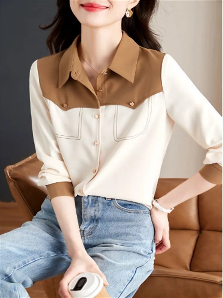 

Stitching Lapel Blouse Women Shirt Contrast Color Blouse Cardigan Woman Blous Patchwork Top Button Office Lady Shirt Loose Blous