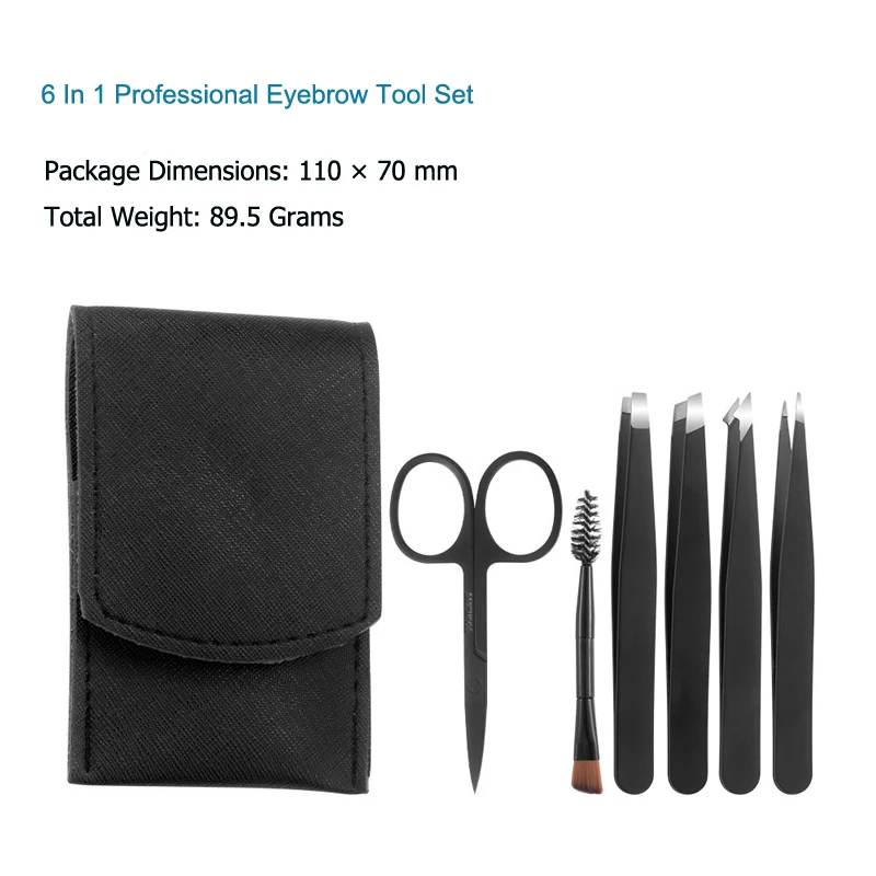Professional Eyebrow Trimming Set, Stainless Steel Eyebrow Tweezers, Eyebrow Razor, Eyebrow Brush, Complete Beauty Care Tools for Beginners, Leather Case with Flip Cover