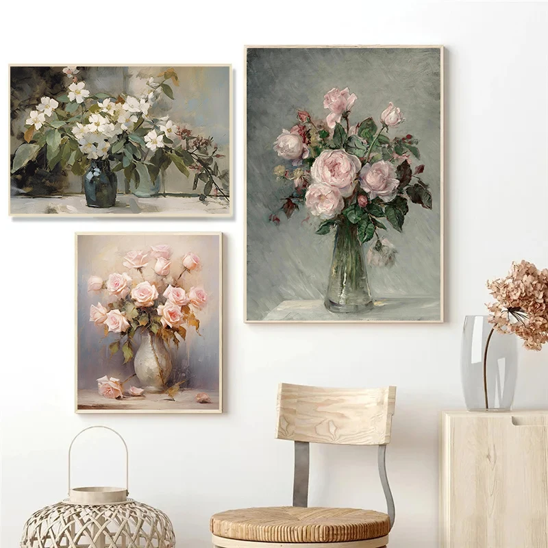 Vintage Bouquet Pink Roses Nordic Fashion Still Life Oil Painting Printed Poster Canvas Paintings Wall Art Pictures Home Decor