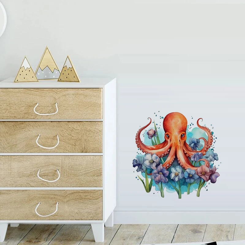 T769#Watercolor Octopus Wall Sticker Kids Room Background Home Decoration Mural Living Room Wallpaper Funny Decal