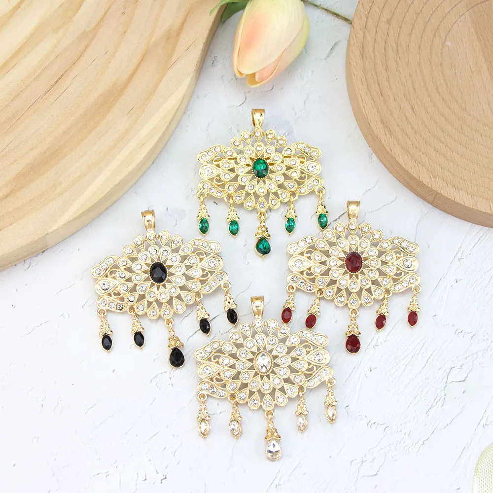 Fashion Medieval Women Brooch Crystal Hollow Flower Pendant Caftan Hijab Pin Gold Color Arabic Bridal Wedding Jewelry