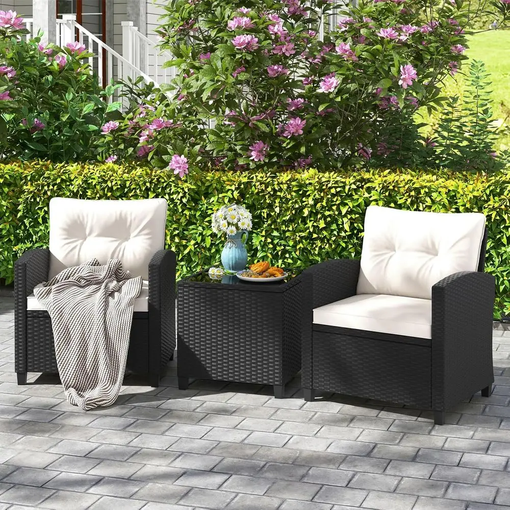 3 Pieces Wicker Patio Contion Set, PE Rattan Bistro Soa Set with Tempered Glass Coee Table, Washable Cushions, Outdoor urniture