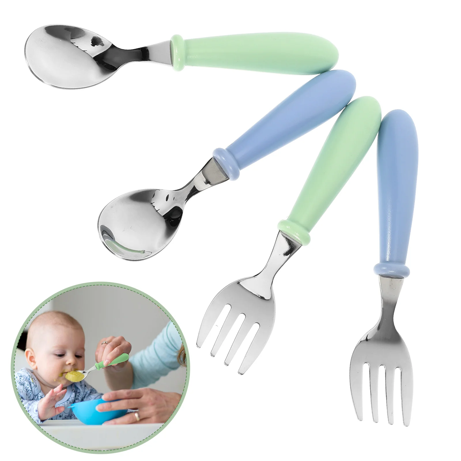 Cuillère et fourchette en acier inoxydable pour enfants, ustensiles pour enfants, outils pour bébé, mangeoire pour bébé, fournitures portables, couverts pour tout-petits, 4 pièces